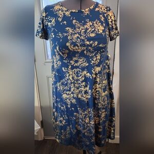 LuLaRoe Blue and Gold Floral Midi Dress